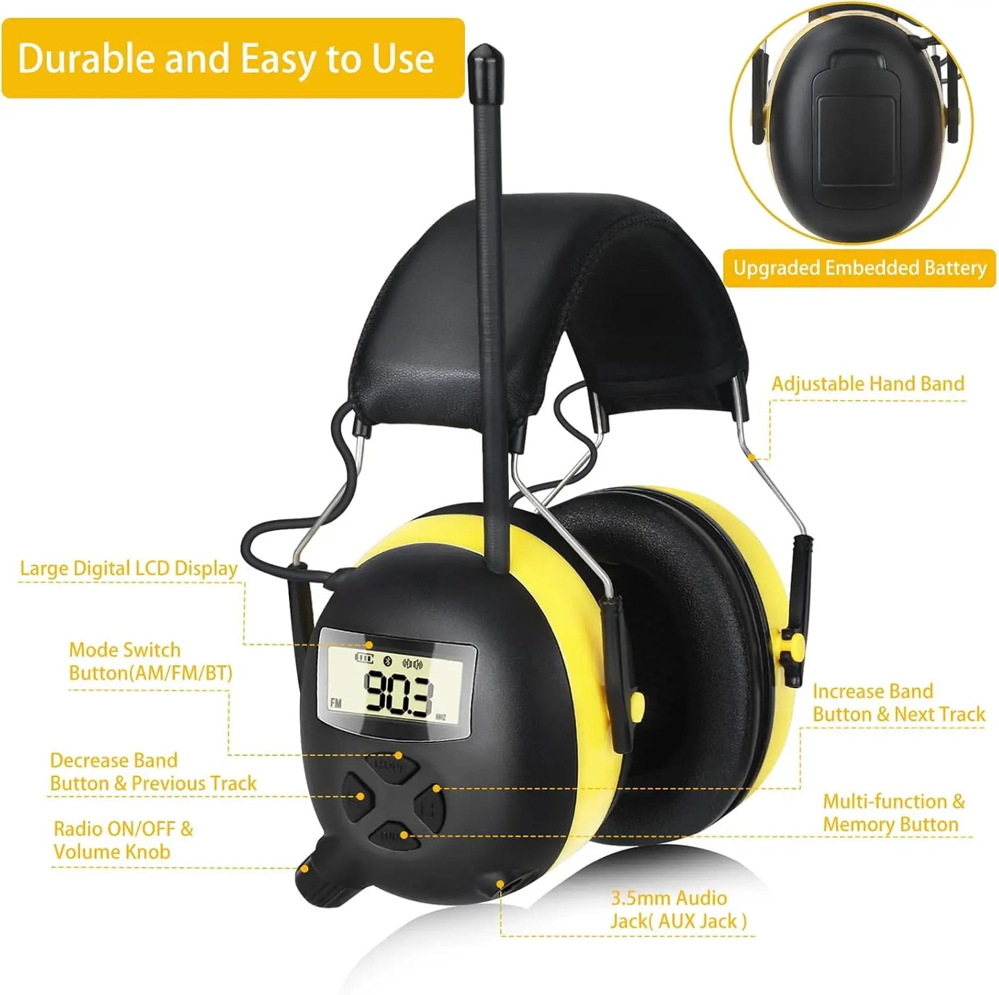 NEW Upgraded Bluetooth 5.4 Hearing Protection Headphones with FM Radio 30dB NRR Safety Earmuffs for Mowing, Workshops